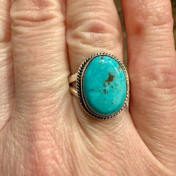 Oval Kingman Turquoise  Double Band Ring Southwestern Sterling Silver Size 7 - Picture 1 of 4